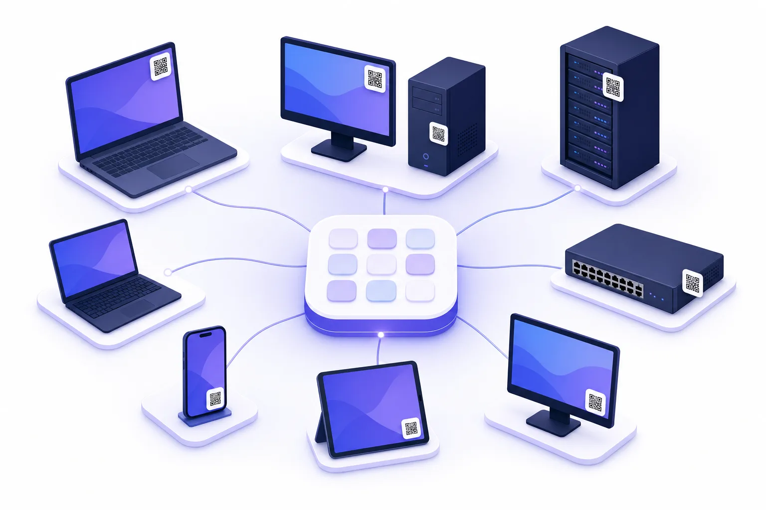 A single connected register of laptops, servers, phones and network gear, each with a QR tag