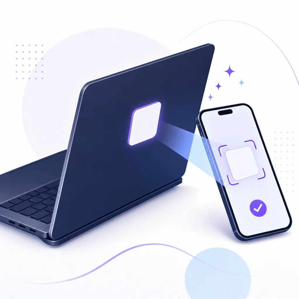 A phone scanning a QR label on a laptop