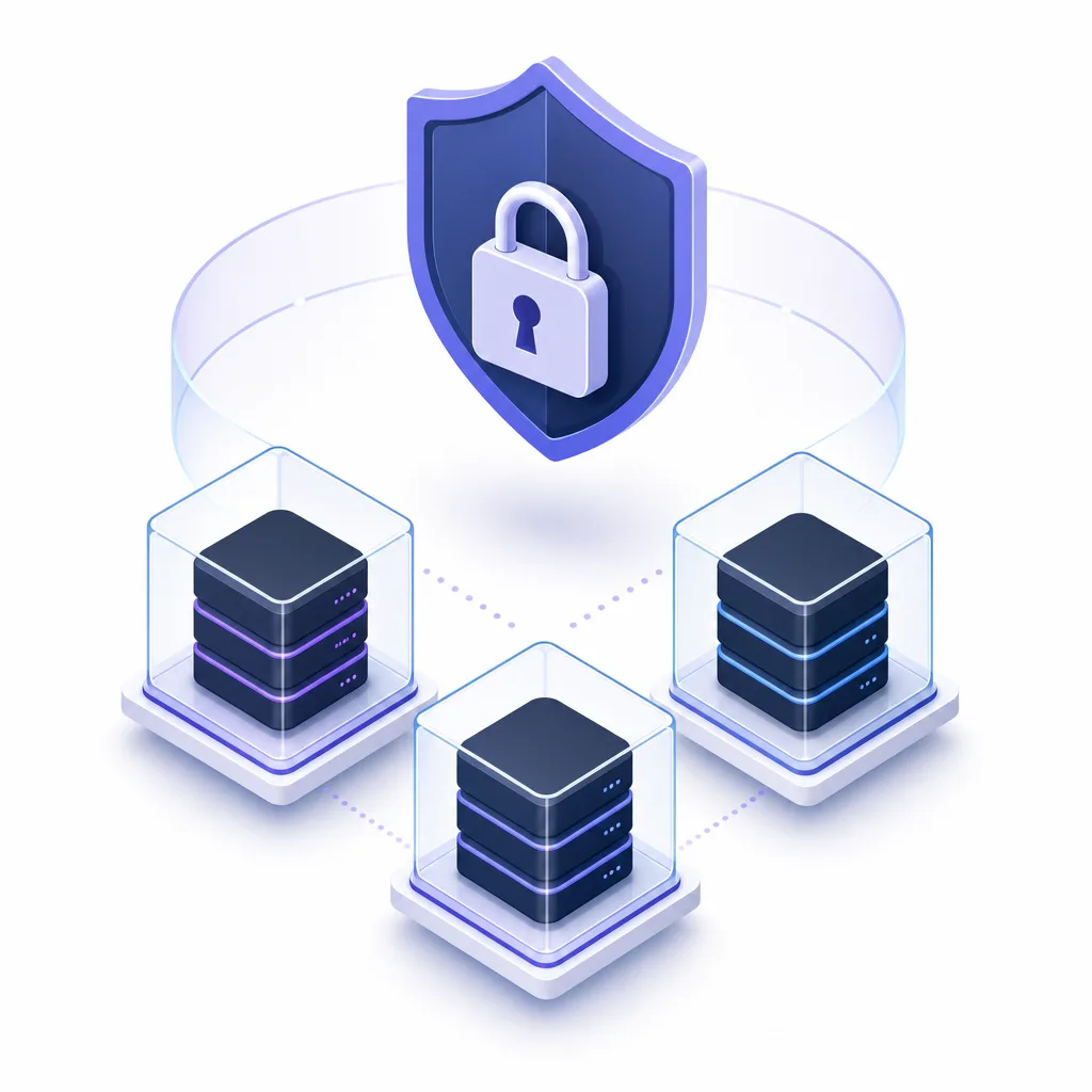 Separate glass boxes each holding one organisation's data, under a shield and padlock